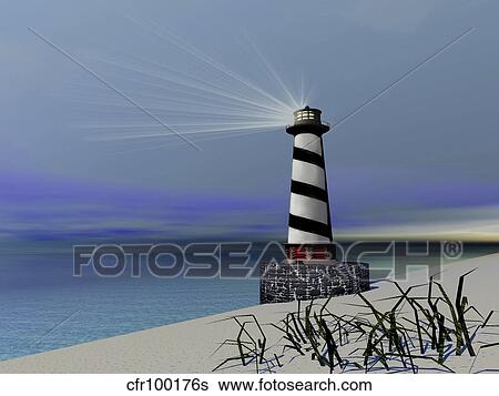 Stock Illustration - A lighthouse sends out a light to warn vessels.. Fotosearch