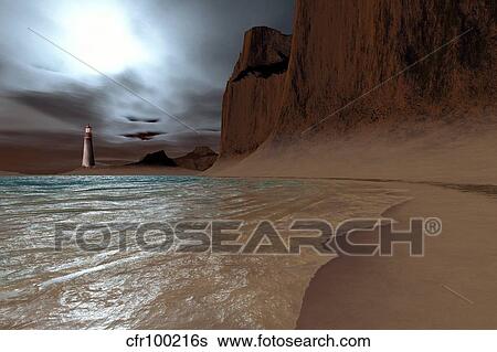 Stock Illustration - A lighthouse stands as a beacon for ships on this coastline.. Fotosearch