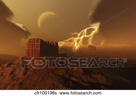 Stock Illustration - A lightning storm over a desert lights up the sky.. Fotosearch