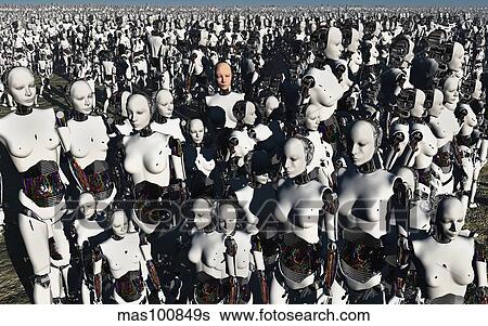 Stock Illustration - A lone android with a human flesh colored face amongst a crowd of robots.. Fotosearch