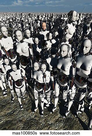 A lone android with a human flesh colored face amongst a crowd of robots. View Large Illustration Stock Illustration - A lone android with a human flesh colored face amongst a crowd of robots.. Fotosearch