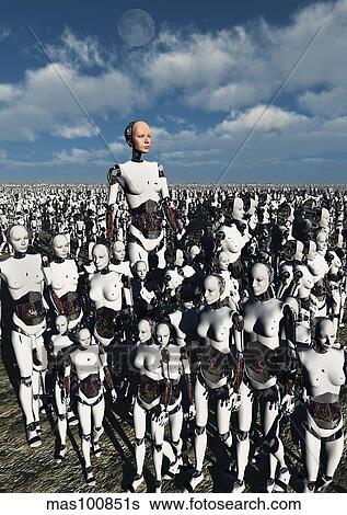 A lone android with a human flesh colored face amongst a crowd of robots. View Large Illustration Stock Illustration - A lone android with a human flesh colored face amongst a crowd of robots.. Fotosearch