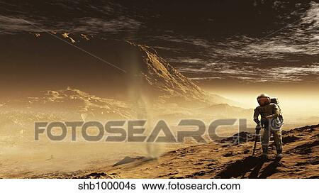 A lone astronaut drills into the regolith of Gale Crater. View Large Illustration Stock Illustration - A lone astronaut drills into the regolith of Gale Crater.. Fotosearch