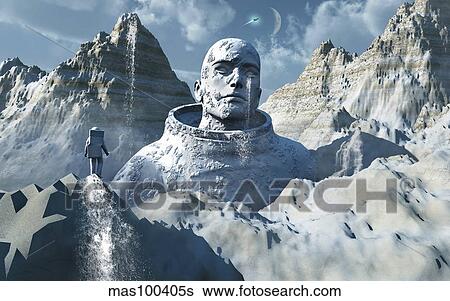 Stock Illustration - A lone astronaut stares at a statue of a mysterious humanoid being.. Fotosearch