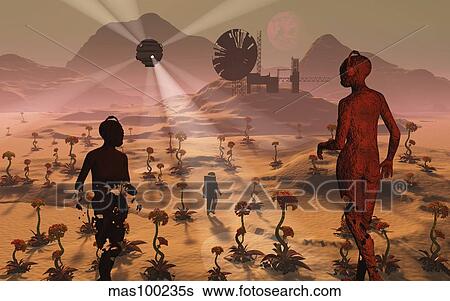 Stock Illustration - A lone explorer discovers the ruins of an abandoned listening outpost on an alien world.. Fotosearch