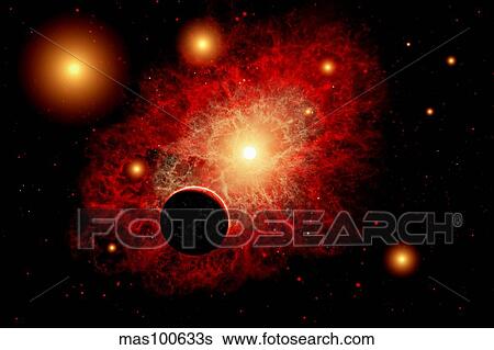 A lone planet orbiting a cluster of red giant stars. View Large Illustration Stock Illustration - A lone planet orbiting a cluster of red giant stars.. Fotosearch