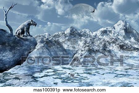 A lone Sabre Toothed Tiger perched on a rock. View Large Illustration Stock Illustration - A lone Sabre Toothed Tiger perched on a rock.. Fotosearch