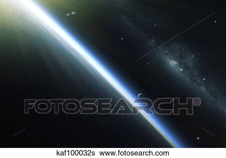 A lone satellite drifts silently across Earth's orbit. View Large Illustration Stock Illustration - A lone satellite drifts silently across Earth's orbit.. Fotosearch