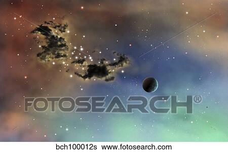 Stock Illustration - A lonely planet is lit by two stars as it passes by a dark cloud of dust.. Fotosearch