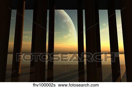 Stock Illustration - A lonesome explorer stands on the edge of an ocean looking at a giant moon in the alien sky.. Fotosearch