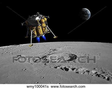 A lunar lander begins its descent to the moon's surface. View Large Illustration Stock Illustration - A lunar lander begins its descent to the moon's surface.. Fotosearch