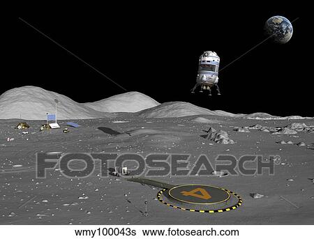 A lunar shuttle descends toward a manned outpost on the Moon. View Large Illustration Stock Illustration - A lunar shuttle descends toward a manned outpost on the Moon.. Fotosearch