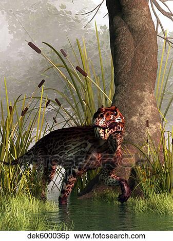 Stock Illustration - A Lycaenops stalking through a shallow prehistoric wetland.. Fotosearch