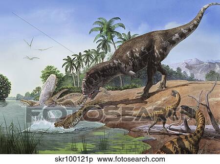 Stock Illustration - A Majungasaurus grabs the tail of a crocodilian Mahajangasuchu.. Fotosearch