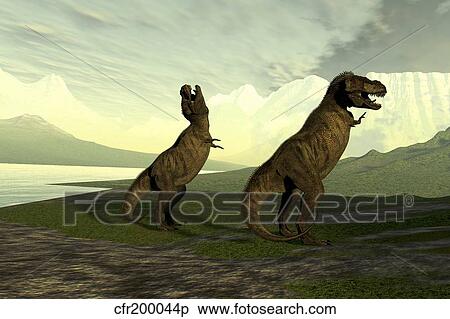 Stock Illustration - A male Tyrannosaurus Rex roars to impress the larger female.. Fotosearch