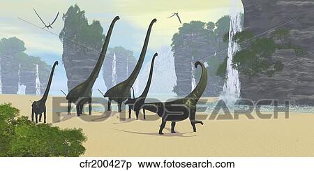 Stock Illustration - A Mamenchisaurus dinosaur herd grazing along a lake.. Fotosearch