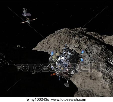 A manned Asteroid Lander descends toward the surface of an ancient asteroid. View Large Illustration Stock Illustration - A manned Asteroid Lander descends toward the surface of an ancient asteroid.. Fotosearch