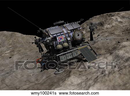 A manned Asteroid Lander on the surface of an asteroid. View Large Illustration Stock Illustration - A manned Asteroid Lander on the surface of an asteroid.. Fotosearch