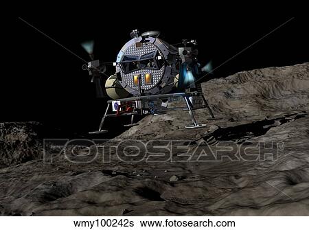 A manned Asteroid Lander prepares to land on the surface of an asteroid. View Large Illustration Stock Illustration - A manned Asteroid Lander prepares to land on the surface of an asteroid.. Fotosearch