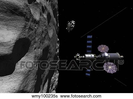 Stock Illustration - A Manned Maneuvering Vehicle descends toward the surface of a small asteroid.. Fotosearch
