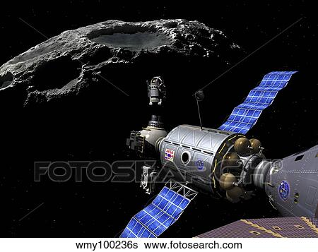 A Manned Maneuvering Vehicle undocks and prepares to descend to the surface of a small asteroid. View Large Illustration Stock Illustration - A Manned Maneuvering Vehicle undocks and prepares to descend to the surface of a small asteroid.. Fotosearch