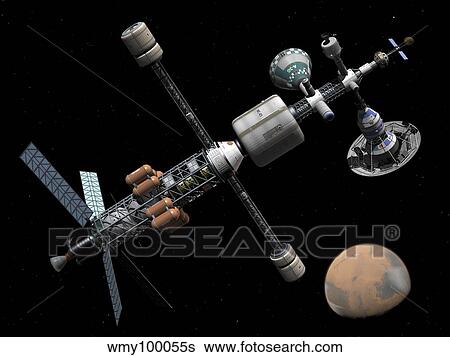 A manned Mars cycler space station approaches the planet Mars. View Large Illustration Stock Illustration - A manned Mars cycler space station approaches the planet Mars.. Fotosearch
