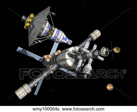 Stock Illustration - A manned Mars lander/return vehicle disembarks from a Mars cycler.. Fotosearch