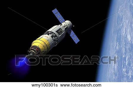 A manned orbital maintenance platform docked with a manned reusable crew capsule. View Large Illustration Stock Illustration - A manned orbital maintenance platform docked with a manned reusable crew capsule.. Fotosearch