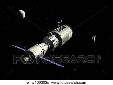 Stock Illustration - A manned orbital maintenance platform approaches the Chandra X-ray Observatory.. Fotosearch