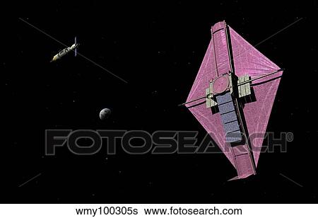 A manned orbital maintenance platform approaches the James Webb Space Telescope. View Large Illustration Stock Illustration - A manned orbital maintenance platform approaches the James Webb Space Telescope.. Fotosearch