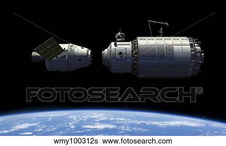 A manned reusable crew capsule docks with an orbital maintenance platform. View Large Illustration Stock Illustration - A manned reusable crew capsule docks with an orbital maintenance platform.. Fotosearch