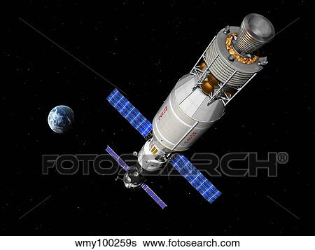 A manned Soyuz TMA-M spacecraft docked with an extended stay module. View Large Illustration Stock Illustration - A manned Soyuz TMA-M spacecraft docked with an extended stay module.. Fotosearch
