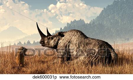 Stock Illustration - A marmot approaches an old and grey woolly rhinoceros.. Fotosearch