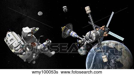 A Mars cycler travels by the Earth while two astronauts watch from afar. View Large Illustration Stock Illustration - A Mars cycler travels by the Earth while two astronauts watch from afar.. Fotosearch