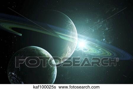 A marvelous sunrise on an alien moon in a peaceful but busy system. View Large Illustration Stock Illustration - A marvelous sunrise on an alien moon in a peaceful but busy system.. Fotosearch