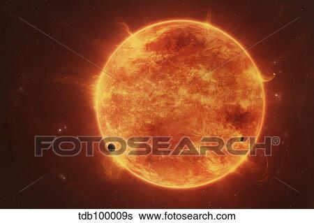 A massive red dwarf consuming planets within it's range. View Large Illustration Stock Illustration - A massive red dwarf consuming planets within it's range.. Fotosearch