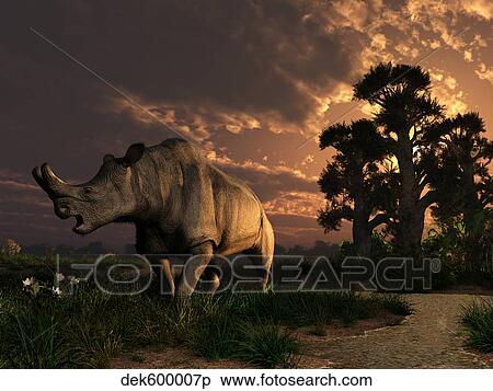 A Megacerops grazing a prehistoric landscape. View Large Illustration Stock Illustration - A Megacerops grazing a prehistoric landscape.. Fotosearch