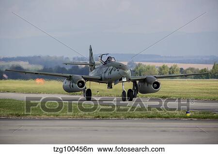A Messerschmitt Me-262 replica taxiing on the runway. View Large Photo Image Picture - A Messerschmitt Me-262 replica taxiing on the runway.. Fotosearch