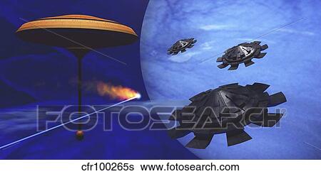 A meteor flys past a space station as three flying saucers come in for a landing. View Large Illustration Stock Illustration - A meteor flys past a space station as three flying saucers come in for a landing.. Fotosearch