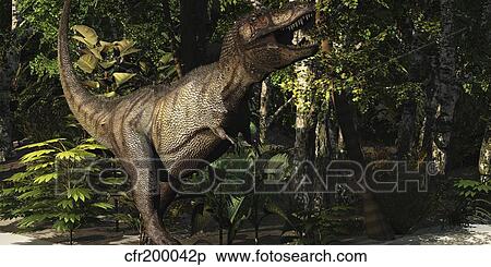 A mighty Tyrannosaurus Rex hunts for prey in a dense jungle. View Large Illustration Stock Illustration - A mighty Tyrannosaurus Rex hunts for prey in a dense jungle.. Fotosearch
