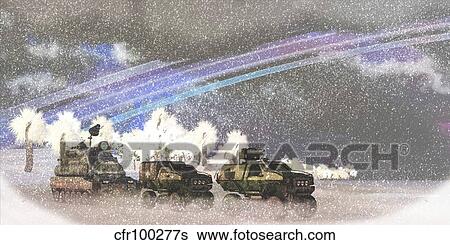 A military convoy in a sever winter storm on an alien planet. View Large Illustration Stock Illustration - A military convoy in a sever winter storm on an alien planet.. Fotosearch