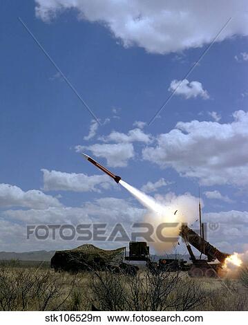 A MIM-104 Patriot anti-aircraft missile is fired during a training exercise. View Large Photo Image Picture - A MIM-104 Patriot anti-aircraft missile is fired during a training exercise.. Fotosearch