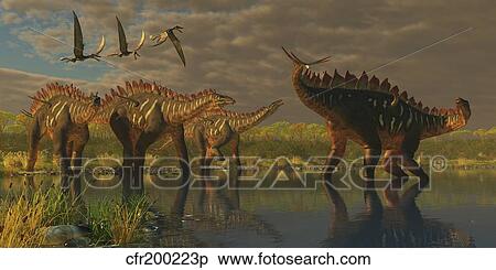 Stock Illustration - A Miragaia dinosaur bellows in protest as others try to join him in the marsh.. Fotosearch