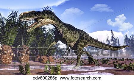 Stock Illustration - A Monolophosaurus dinosaur walking amongst cycas and calamites.. Fotosearch