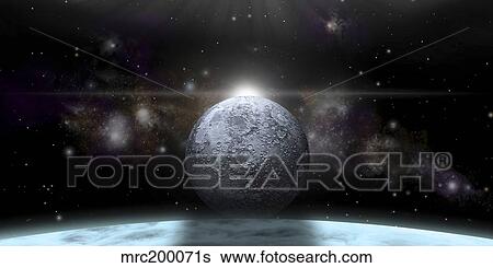 A moon rises above a stormy gas giant planet. View Large Illustration Stock Illustration - A moon rises above a stormy gas giant planet.. Fotosearch