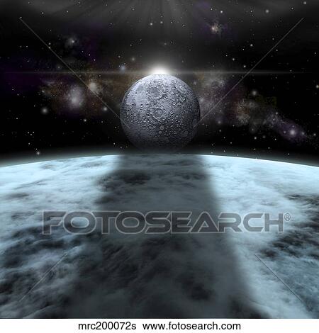 A moon rises above a stormy gas giant planet. View Large Illustration Stock Illustration - A moon rises above a stormy gas giant planet.. Fotosearch