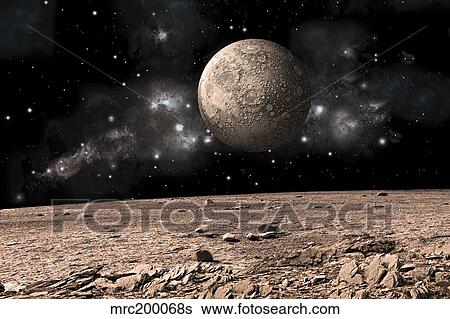 Stock Illustration - A moon rises over a rocky and barren alien landscape.. Fotosearch