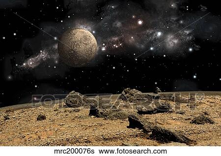 A moon rises over a rocky and barren alien landscape. View Large Illustration Stock Illustration - A moon rises over a rocky and barren alien landscape.. Fotosearch