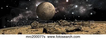 A moon rises over a rocky and barren alien landscape. View Large Illustration Stock Illustration - A moon rises over a rocky and barren alien landscape.. Fotosearch