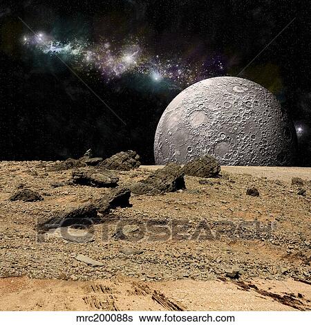 A moon rises over a rocky and barren alien landscape. View Large Illustration Stock Illustration - A moon rises over a rocky and barren alien landscape.. Fotosearch